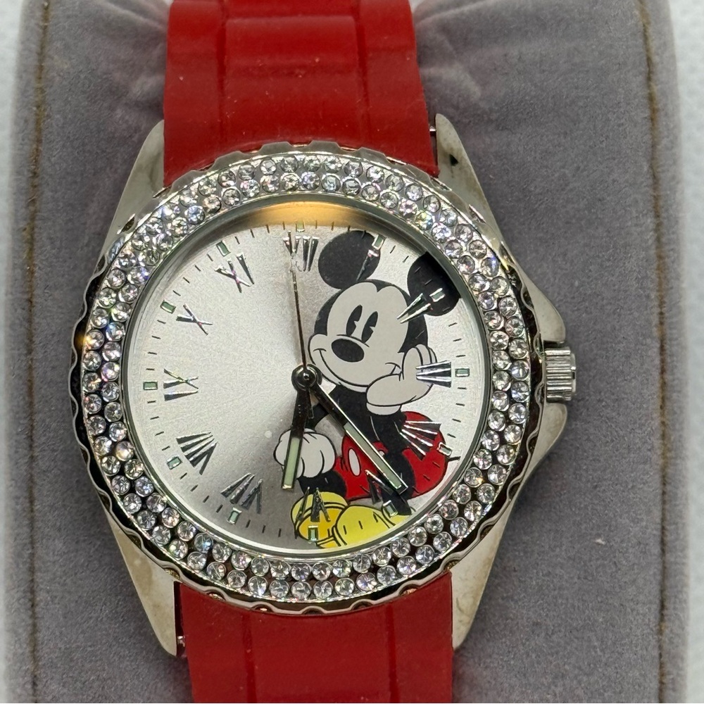 Authentic Disney Parks Mickey Mouse Watch w/Faux Diamonds Red Rubber Band- NWOT
